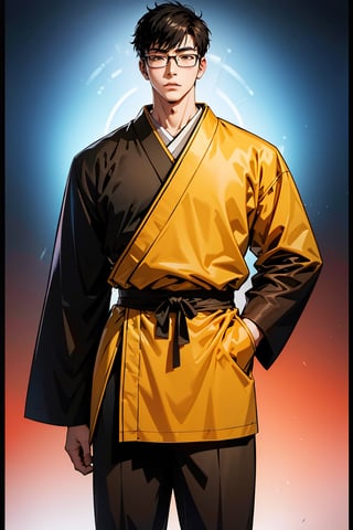 18 year old Japanese young man, black short-hair, 
Glasses, Intricate monge shaolin clothes, CASUAL-STYLE