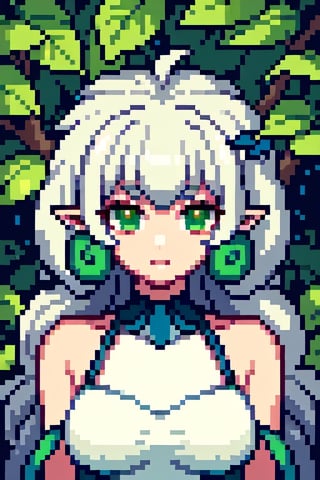 (((masterpiece))), (((best quality))), ((ultra-detailed)), (illustration), ((an extremely delicate and beautiful))(1girl), , floating_hair,  glowing eyes, pointy_ears, white hair, green eyes,halter dress, feather, leaves, nature, (sunlight) ,Pixel art,Whimsicott, in_city