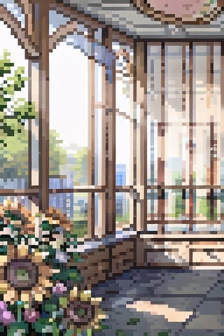 (((masterpiece))), (((best quality))), ((ultra-detailed)), (illustration), ((an extremely delicate and beautiful)), , (sunlight) ,Pixel art,sunflowers_in_backgroun, architecture,Pixel world, Mall