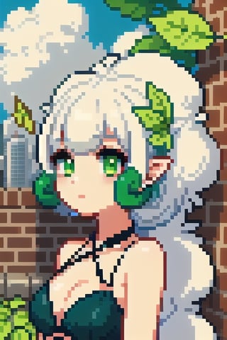 (((masterpiece))), (((best quality))), ((ultra-detailed)), (illustration), ((an extremely delicate and beautiful))(1girl), , floating_hair,  glowing eyes, pointy_ears, white hair, green eyes,halter dress, feather, leaves, nature, (sunlight) ,Pixel art,Whimsicott, in_city,city wall