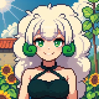 (((masterpiece))), (((best quality))), ((ultra-detailed)), (illustration), ((an extremely delicate and beautiful))(1girl), , floating_hair,  glowing eyes,Round_pointy_ears, leafs_blowing_in_the_wind_in_background, big_ears, white hair, green eyes,halter dress, feather, leaves, nature, (sunlight) ,Pixel art,Whimsicott, in_city,city wall, smirking, sunflowers_in_background