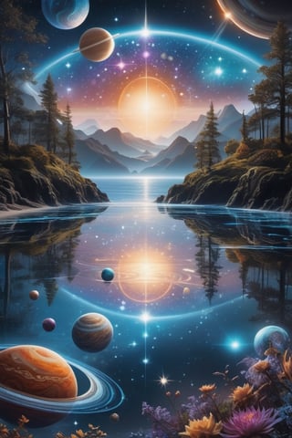 Stunning cosmic journey, canvas print with stars and planets reflected in water, intricate details of fantasy landscapes and background elements, highlighted by mesmerizing lens flares. Created by a talented sea and coast painter, 32K