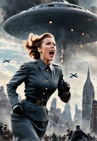 1939s beautiful British woman screaming in fear, lots of peoples running in the background, dramatic angle, perfect female anatomy, realistic and detailed, movie style, super realistic, the big UFO attacking the Manhattan city to death ray, masterpiece, fighter planes in the spooky sky