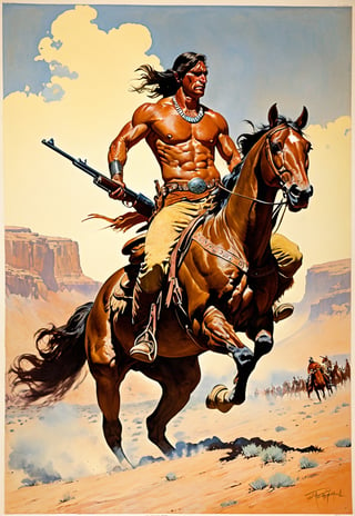 war horse, western, gun-man vs indian, manner of frazetta