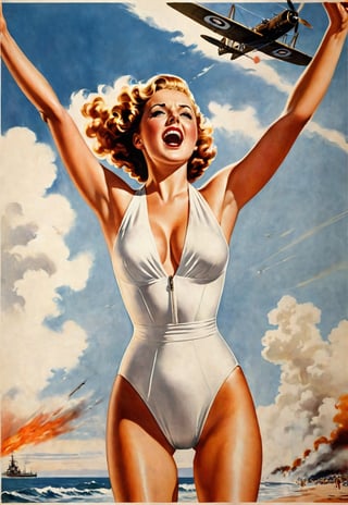 in 1930s, a white one piece swimsuit beautiful British woman, she screams in fear, dramatic angles and poses, realistic and detailed, bomber in the sky, retro horror movie poster style, super realistic, in the beach of war on big fire, masterpiece,