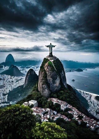 landscape, Christ the Redeemer statue in Rio de Janeiro, Brazil, eerie sky, dramatic angles, realistic and detailed action movie style, surreal, masterpiece,