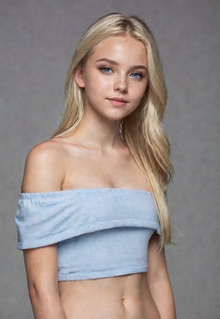 cinematic lighting, perfect soft light, high resolution skin: 1.2, realistic skin texture, 12 year old American blonde girl, small face, no makeup, off-shoulder, sagging, full nude, small breasts, blue eyes, long hair, blonde hair, standing pose, ((full body angle)),