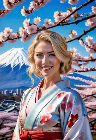 wide landscape, standing a gorgeous kimono beautiful american blonde woman, smile, in front of Mt. Fuji in Japan, Cherry tree in full bloom, dramatic angle, realistic and detailed movie style, surreal, masterpiece,