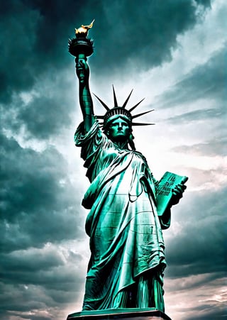 America, Statue of Liberty, eerie sky, dramatic angles, realistic and detailed action movie style, surreal, masterpiece,