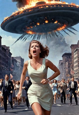 1960s, beautiful British woman screaming in fear, lots of peoples running in the background, dramatic angle, perfect female anatomy, realistic and detailed, movie style, super realistic, in front of the big UFO destroying the city of New-York to rays, city is explosion and flames, masterpiece,