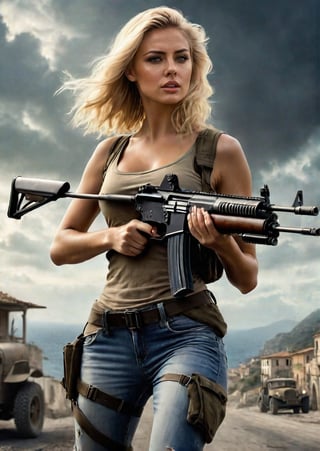 standing a beautiful american blonde woman, a hand in a machine-gun, dramatic angles, realistic and detailed action movie style, Italian coast roads, eerie skies, surreal, masterpieces,