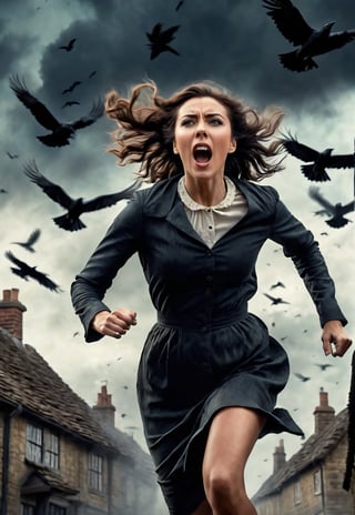 a beautiful British woman running, screaming in fear, dramatic angle and pose, realistic and detailed, flock of crows flying in the spooky sky, retro horror movie style, ultra realistic, people fleeing on the village, masterpiece,