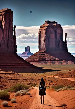 Delia Boccardo stands in Monument Valley (in full view of the landscape), (highly detailed HD), dramatic angles and poses, perfect female anatomy, UFOs in the sky, realistic details, Retro suspense horror movie style, super realistic, masterpiece,