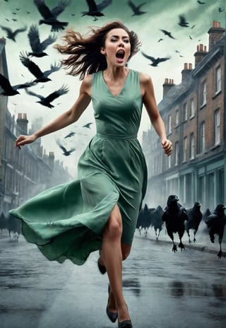 pale green dress beautiful British woman running, screaming in fear, dramatic angle and pose, realistic and detailed, flock of crows flying in the spooky sky, retro horror movie style, ultra realistic, people fleeing on the city, masterpiece,