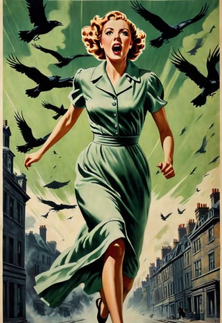 1930s, pale green dress beautiful British woman running, screaming in fear, dramatic angle and pose, realistic and detailed, flock of crows flying in the spooky sky, retro horror movie poster style, ultra realistic, people fleeing on the city, masterpiece,