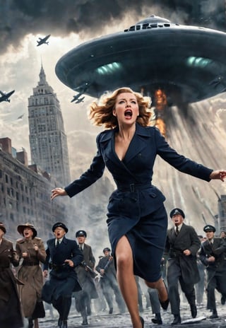 1939s beautiful British woman screaming in fear, lots of peoples running in the background, dramatic angle, perfect female anatomy, realistic and detailed, movie style, super realistic, the big UFO attacking the Manhattan city to death ray, masterpiece, fighter planes in the spooky sky