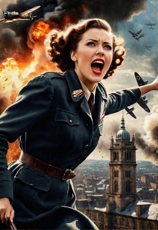 in 1930s, a beautiful British woman, she screams in fear, dramatic angles and poses, realistic and detailed, bomber in the sky, retro horror movie poster style, super realistic, in front of the city of war on fire, masterpiece,