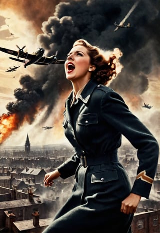 in 1930s, a beautiful British woman, she screams in fear, dramatic angles and poses, realistic and detailed, bomber in the sky, retro horror movie poster style, super realistic, in front of the city of war on fire, masterpiece,