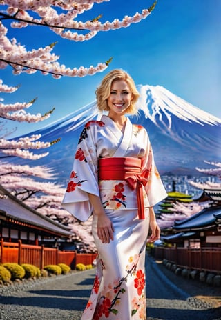 wide landscape, standing a gorgeous kimono beautiful american blonde woman, smile, in front of Mt. Fuji in Japan, Cherry tree in full bloom, dramatic angle, realistic and detailed movie style, surreal, masterpiece,