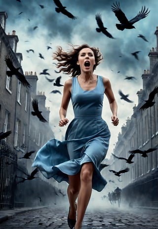 pale blue dress beautiful British woman running, screaming in fear, dramatic angle and pose, realistic and detailed, flock of crows flying in the spooky sky, retro horror movie style, ultra realistic, people fleeing on the city, masterpiece,