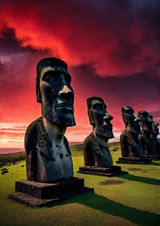 Easter Island, Moai statues, eerie red sky, dramatic angles, realistic and detailed action movie style, surreal, masterpiece,