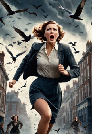 1930s, beautiful British woman running, screaming in fear, dramatic angle and pose, realistic and detailed, flock of birds flying in the spooky sky, retro horror movie poster style, ultra realistic, people fleeing on the city, masterpiece,