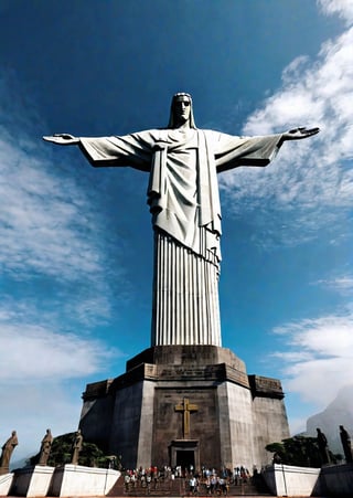 Christ the Redeemer statue in Rio de Janeiro, Brazil, eerie sky, dramatic angles, realistic and detailed action movie style, surreal, masterpiece,