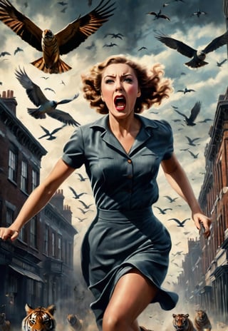1930s, beautiful British woman running, screaming in fear, dramatic angle and pose, realistic and detailed, flock of birds flying in the spooky sky, retro horror movie poster style, ultra realistic, tigers, people fleeing on the city, masterpiece,