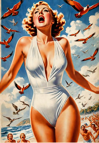1930s, beautiful British woman in white one piece swimsuit, screaming in fear, dramatic angle and pose, realistic and detailed, flock of birds flying in the sky, retro horror movie poster style, ultra realistic, tigers, people fleeing on the beach, masterpiece,