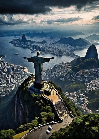 Landscapes, Brazil, Christ the Redeemer landscape, eerie sky, dramatic angles, realistic and detailed action movie style, surreal, masterpiece,