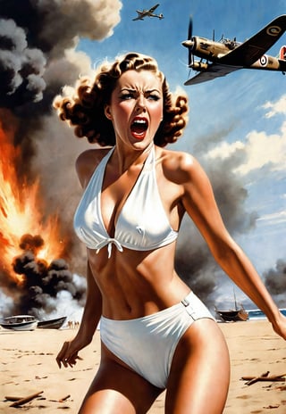 in 1930s, a white bikini beautiful British woman, she screams in fear, dramatic angles and poses, realistic and detailed, bomber in the sky, retro horror movie poster style, super realistic, in the beach of war on big fire, masterpiece,