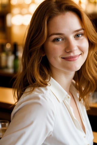 a close up photo of a 20 year old french woman in a blouse at a bar, seductive smile, ginger hair, cinematic light, film still,