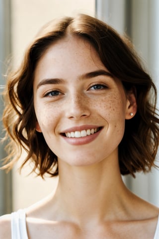 beautiful lady, freckles, big smile, dark makeup, hyperdetailed photography, soft light, head and shoulders portrait, cover