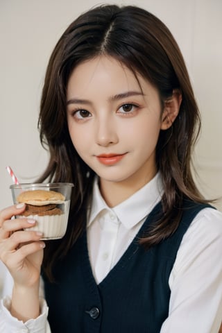 xxmix_girl,Portrait of a woman British school uniform,Polaroid,film,brown hair,smile,FlowerGirl,eating breakfast,