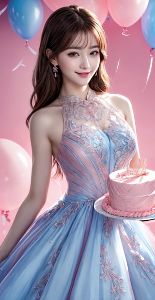 photorealistic, masterpiece, best quality, raw photo, ultra hires, ultra detailed, masterpiece, best quality, 1 girl, very bright backlight, (beautiful delicate brown eyes), birthday party, balloons, detailed background, depth of field with colored light bulbs, ((holding a delicate ornate cake)), natural soft light, delicate facial features , air bangs, beautiful Korean girl, smiling eyes, (wearing a elegant pink and blue dress: 1.3), 22 years old, shy smile,Young beauty spirit 