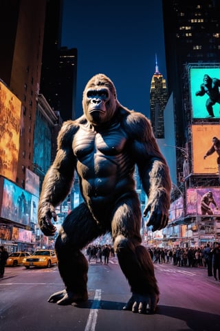 Photo of 40m tall's King Kong standing on the streets of New York, night, neon lights, wide angle shot, ultra-detailed, 32k, ultra-high definition, vibrant colors, soft focus, ultra-smooth, soft natural look, panoramic shot, Lenkaizm art, photorealism ism, realism, film stills, film stills, film shoot, dreamwave, aesthetics, photor3al