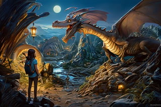 1 girl, brown hair, explorer style, looking at viewer, nature, dragons, skeletons, landscape, night light, greg rutkowski, hyper realistic, high details