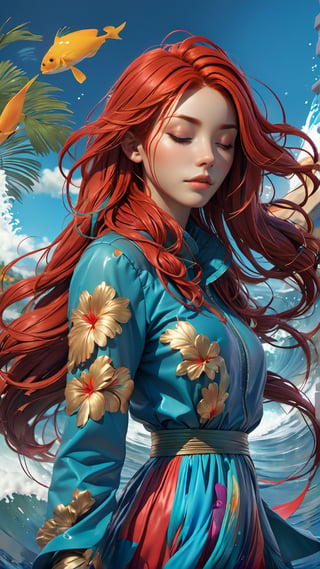 a masterpiece image of Splash art, music album, art cover, drawing a woman with red hair closed eyes, without eye makeup, headphones on ears, tropical paradise, flowing allure in every stride, in frame, surrealistic, epic, artstation, splash style of colorful paint, splash swirling dripping melting, contour, intricate detail, splash screen, complementary colors, fantasy concept art, 8k resolution, deviantart masterpiece, paint dripping, splash arts, unreal engine, greg rutkowski, loish, rhads, beeple, makoto shinkai and lois van baarle, ilya kuvshinov, rossdraws, tom bagshaw, alphonse mucha, global illumination, detailed and intricate environment , (photorealistic:1.4), best quality, ultra high res