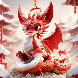 A lovely dragon, Chinese dragon, red tone, Chinese myth, mythical animal, complex details, magic, gorgeous, China-Chic illustration, Shadow play, rice paper, packaging, Chinese style, clean white background, big eyes, lovely action fashion blind box toys,EpicSky,Flat Design,Spirit Fox Pendant