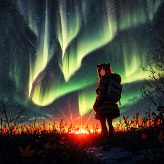 Ultra realistic photo, young woman with beautiful blue eyes looking at the viewers, outdoor hiking on a mountian, autumn season, there is a huge bear far way in the background, fantasy landscape with neon northern lights