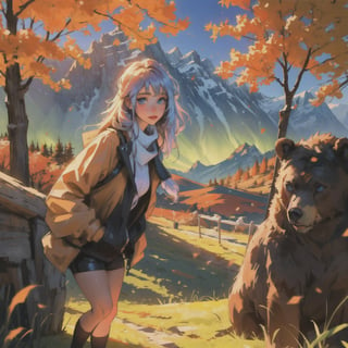 Ultra realistic photo, young woman with beautiful blue eyes looking at the viewers, outdoor hiking on a mountian, autumn season, there is a huge bear far way in the background, fantasy landscape with neon northern lights