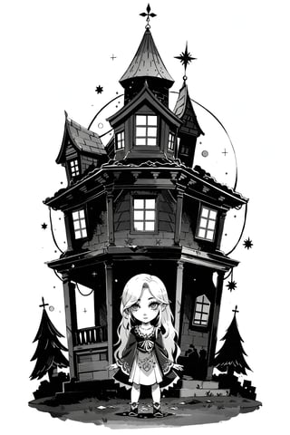 ghost girl, long wavy hair, dark forest, abandoned buildings, night sky, intricate details, high resolution,inksketch