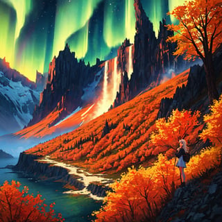 Ultra realistic photo, young woman with beautiful blue eyes looking at the viewers, outdoor hiking on a mountian, autumn season, there is a huge bear far way in the background, fantasy landscape with neon northern lights