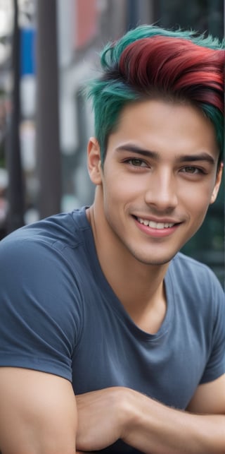 
Imagine the following scene:

Realistic photograph of a beautiful man for social network. Smile. The shot is close.

The man is outdoors.

The man wears a gray sports shirt.

The man is from Mexico, masculine, green hair, punk hair. 20 years old, very light blue eyes, bright and big eyes, full and red lips, blush, muscular.

high realism aesthetic photo, RAW photo, 16K, real photo, best quality, high resolution, masterpiece, HD, perfect proportions, perfect hands