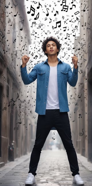 
Imagine the following scene:

Surreal photography, on a background of musical notes, many musical notes flying in the air. Many pentagrams.

In the middle of the image a beautiful, young, Latino man wearing casual clothing.

Full body shot. The shot is wide to capture the details of the scene.

high realism aesthetic photo, RAW photo, 16K, real photo, best quality, high resolution, masterpiece, HD, perfect proportions, perfect hands
