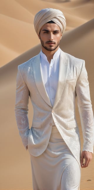 Imagine the following scene:

Photograph of a beautiful man. Full body shot.

The man is on a big dune in the desert, a lot of shiny sand, it's very hot.

The man wears a thawb of transparent silk, the thawb of lace. You can see the beautiful and muscular silhouette of the man 

The man is from Iran, 30yo, muscular, big and bright blue eyes. He wears a silk and lace turban. Masculine, full and red lips. Blush.   

(photorealistic), masterpiece: 1.5, beautiful lighting, best quality, beautiful lighting, realistic and natural image, intricate details, everything in sharp focus, perfect focus, photography, masterpiece, meticulous nuances, supreme resolution, 32K, ultra-sharp, quality superior, realistic and complex details, perfect proportions, perfect hands, perfect feet.