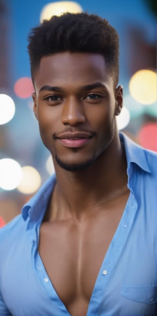 Imagine the following scene:

Realistic photograph of a beautiful man, half-length shot. Pose for Instagram photo

The scene is outdoors at night.

The man is from Nigeria, 20yo, very light and bright blue eyes, big eyes, long eyelashes, red and full lips, blush, muscular.

The man wears a shirt of many colors, a design of many colors.

dynamic pose. Look at the camera, smile

The shot is wide to capture the details of the scene. best quality, 8K, high resolution, masterpiece, HD, perfect proportions, perfect hands.