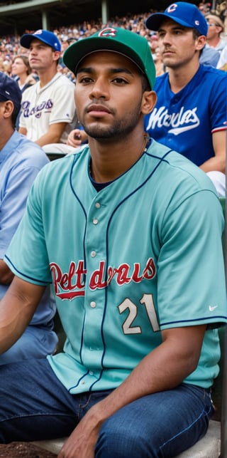 
imagine the following scene

In a seat in a stadium, a beautiful man sits watching a baseball game.

There are many people around celebrating.

The man is Latino, dark skin, 25yo, very light and bright aqua green eyes, big eyes, long eyelashes, full and red lips, average body

He is dressed in a baseball uniform shirt, cap, jeans, and white sports shoes.

He is sitting in the stadium seat with his legs open, focused on the game.

The shot is wide to capture the details of the scene. best quality, 8K, high resolution, masterpiece, HD, perfect proportions, perfect hands.