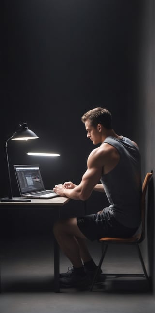 Imagine the following scene:

Realistic photo of a man from behind sitting typing on a laptop. Back to camera

The scene is a very dark room, only the light from the computer.

Broad and muscular back, light brown hair.

Typing on the laptop.

The man wears dark sports clothing.

The shot is wide to capture the details of the scene. Full body shot. best quality, 8K, high resolution, masterpiece, HD, perfect proportions, perfect hands.