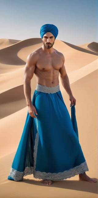 Imagine the following scene:

Photograph of a beautiful man. Full body shot.

The man is on a big dune in the desert, a lot of shiny sand, it's very hot.

The man wears a thawb of transparent silk, the thawb of lace. You can see the beautiful and muscular silhouette of the man 

The man is from Iran, 30yo, muscular, big and bright blue eyes. He wears a silk and lace turban. Masculine, full and red lips. Blush.   

(photorealistic), masterpiece: 1.5, beautiful lighting, best quality, beautiful lighting, realistic and natural image, intricate details, everything in sharp focus, perfect focus, photography, masterpiece, meticulous nuances, supreme resolution, 32K, ultra-sharp, quality superior, realistic and complex details, perfect proportions, perfect hands, perfect feet.